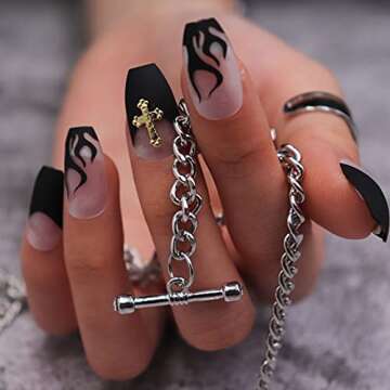 MISUD Medium Coffin Press on Nails Goth Black Flame Fake Nails Matte Glue on Nails French Tip Acryli...
