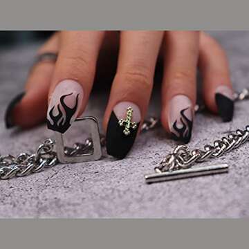 MISUD Medium Coffin Press on Nails Goth Black Flame Fake Nails Matte Glue on Nails French Tip Acrylic Nails Ballerina Artificial Nails Cross Rhinestone Stick on False Nails with Design 24 pcs