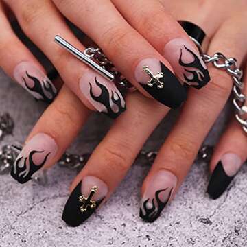 MISUD Medium Coffin Press on Nails Goth Black Flame Fake Nails Matte Glue on Nails French Tip Acrylic Nails Ballerina Artificial Nails Cross Rhinestone Stick on False Nails with Design 24 pcs