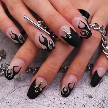 MISUD Medium Coffin Press on Nails Goth Black Flame Fake Nails Matte Glue on Nails French Tip Acrylic Nails Ballerina Artificial Nails Cross Rhinestone Stick on False Nails with Design 24 pcs