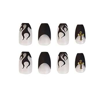 MISUD Medium Coffin Press on Nails Goth Black Flame Fake Nails Matte Glue on Nails French Tip Acrylic Nails Ballerina Artificial Nails Cross Rhinestone Stick on False Nails with Design 24 pcs