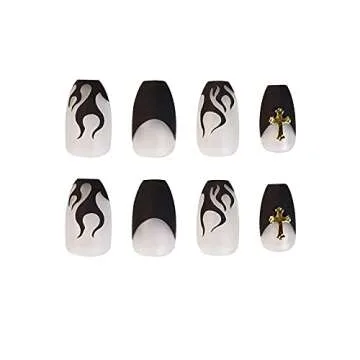 MISUD Medium Coffin Press on Nails Goth Black Flame Fake Nails Matte Glue on Nails French Tip Acrylic Nails Ballerina Artificial Nails Cross Rhinestone Stick on False Nails with Design 24 pcs