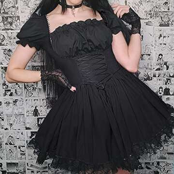 Women's Gothic Lolita Mini Dresses Vintage Punk Puff Sleeve A Line Swing Short Goth Dress (Black, Me...