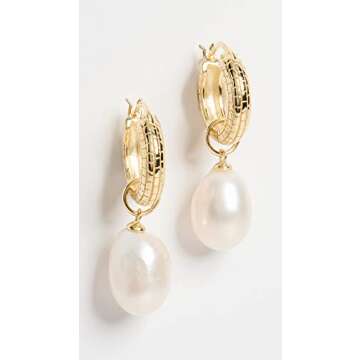 By Adina Eden Women's Textured Hoop X Pearl Drop Earrings, Gold, One Size