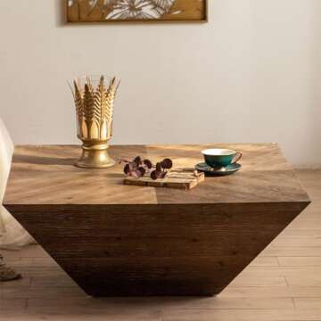 EXTICK Table for Living, Table, Low Square Coffee Table, Wood Coffee Table with Farmhouse Wood Tabletop, for Living Room Easy Assembly 90 * 90 * 35cm