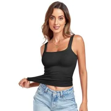 OLCHEE Womens 2PK Square Neck Tank Tops Long Seamless Ribbed Trendy Going Out Basic Shirts 2024 Summer Slim Fit Cami - Black Grey Medium