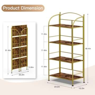 FRAPOW Folding Bookshelf No Assembly, 4 Tier Shelf Gold Collapsible Bookcase, Arched Metal Display Tall Book Shelf with Storage Shelves for Bedroom, Living Room, Home Office