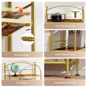 FRAPOW Folding Bookshelf No Assembly, 4 Tier Shelf Gold Collapsible Bookcase, Arched Metal Display Tall Book Shelf with Storage Shelves for Bedroom, Living Room, Home Office