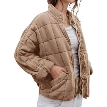 Womens Quilted Puffer Jackets Lightweight Dolman Sleeve Down Coats Zipper Oversized Fall Winter Coat Pockets