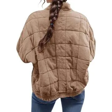 Womens Quilted Puffer Jackets Lightweight Dolman Sleeve Down Coats Zipper Oversized Fall Winter Coat Pockets
