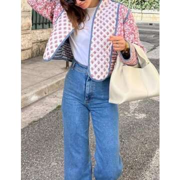 Wyeysyt Women's Cropped Puffer Quilted Jacket Cardigan Floral Printed Lightweight Long Sleeve Open Front Short Padded Coats(Pink-S)