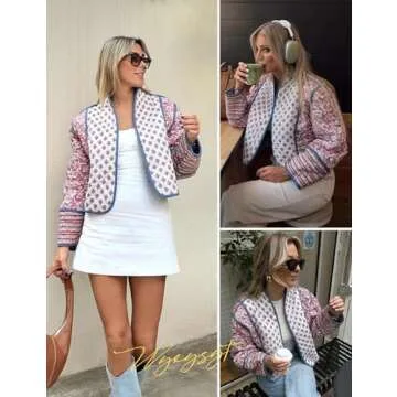 Wyeysyt Women's Cropped Puffer Quilted Jacket Cardigan Floral Printed Lightweight Long Sleeve Open Front Short Padded Coats(Pink-S)