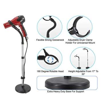 Hair Dryer Stand Holder - Hands Free, Adjustable Height & 360-Degree Rotation, Heavy Base, Stainless...