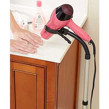 Hair Dryer Stand Holder - Hands Free, Adjustable Height & 360-Degree Rotation, Heavy Base, Stainless Steel - Portable Hair Styling Blow Dryer Mount with One-Handed Styling, Ideal for Salon & Home
