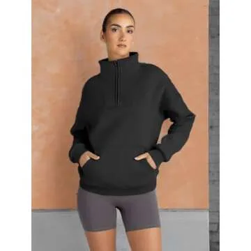 Trendy Queen Sweatshirts Quarter Half Zip Pullover Oversized Hoodies Sweaters Comfy Fall Outfits 2025 Y2K Winter Clothes Black XL