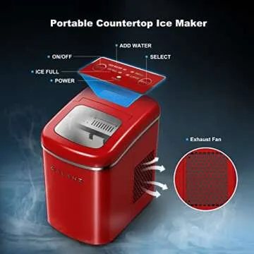Galanz Portable Countertop Electric Ice Maker Machine, 26 lbs in 24 Hours, 9 Bullet Shaped Cubes Ready in 9 Minutes, 2 Ice Sizes, Perfect for Parties & Home Bar, 2.1 L, Retro Red