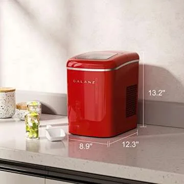 Galanz Portable Countertop Electric Ice Maker Machine, 26 lbs in 24 Hours, 9 Bullet Shaped Cubes Ready in 9 Minutes, 2 Ice Sizes, Perfect for Parties & Home Bar, 2.1 L, Retro Red