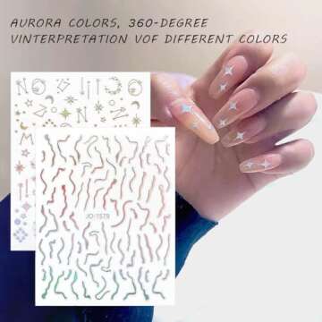 12 Sheets Holographic Nail Art Stickers Decals, Aurora Nail Decal Stickers, Laser Butterfly Flame Nail Art Stickers, 3D Self Adhesive Design Heart Star Stickers for Nail Designs and Nail Decorations