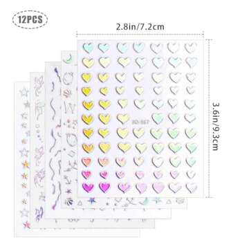 12 Sheets Holographic Nail Art Stickers Decals, Aurora Nail Decal Stickers, Laser Butterfly Flame Nail Art Stickers, 3D Self Adhesive Design Heart Star Stickers for Nail Designs and Nail Decorations