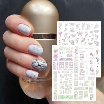 12 Sheets Holographic Nail Art Stickers Decals, Aurora Nail Decal Stickers, Laser Butterfly Flame Nail Art Stickers, 3D Self Adhesive Design Heart Star Stickers for Nail Designs and Nail Decorations