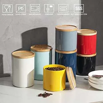 Sweejar Kitchen Canisters Ceramic Food Storage Jar, Stackable Containers with Airtight Seal Wooden Lid for Serving Coffee Bean, Flour, Tea, Spice and More - 39 Fl Oz (White)