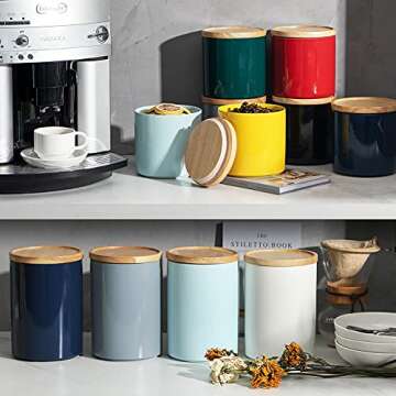 Sweejar Kitchen Canisters Ceramic Food Storage Jar, Stackable Containers with Airtight Seal Wooden Lid for Serving Coffee Bean, Flour, Tea, Spice and More - 39 Fl Oz (White)