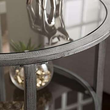 SEI Furniture Jaymes Metal & Glass 2-Tier, Round End Table, Silver/Black Distressing