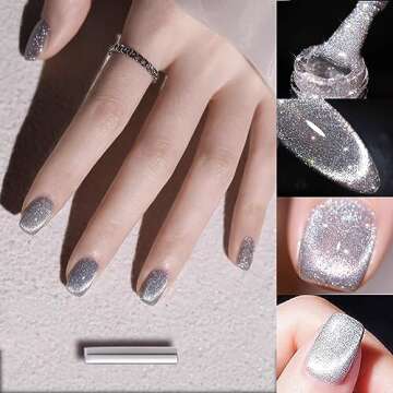VERONNI Reflective Diamond Cat Eye Gel Nail Polish Sparkle Explosion Diamond Gel Nail Bright Silver Glitter Cat Eye Gel Bungee Nail Gel Broken Diamond Soak Off UV LED Gel(E-01) with a magnet
