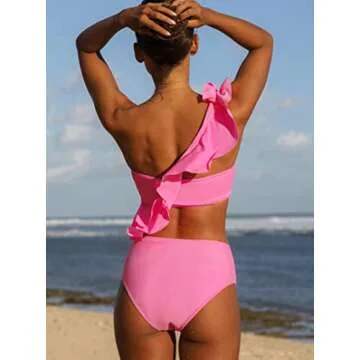 Hilinker Women's One Shoulder Ruffle High Waist Bikini Swimsuit 2 Piece Bathing Suit Hot Pink Medium