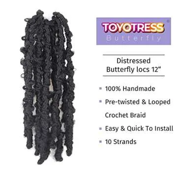 TOYOTRESS Butterfly Locs Crochet Hair - 12 inch 8 Pcs Pre-twisted Distressed Crochet Braids Pre-looped Synthetic Braiding Hair Extensions (12 Inch,1B)