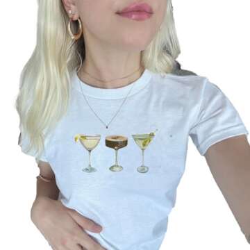 Graphic Crop Baby Tees for Women Y2k Cute T-Shirt Short Sleeve Slim Fit Crop Top Aesthetic Vintage Summer Streetwear (Tree Martini Wine Beige, L)