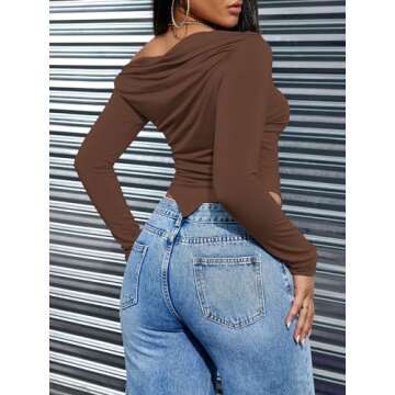 POPMONO Women's Long Sleeve Off Shoulder Sexy Crop Tops Slim Fit Going Out Y2K Top Casual Asymmetrical Pullover Shirt Spring Trendy 2025 Coffee