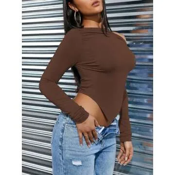 POPMONO Women's Long Sleeve Off Shoulder Sexy Crop Tops Slim Fit Going Out Y2K Top Casual Asymmetrical Pullover Shirt Spring Trendy 2025 Coffee
