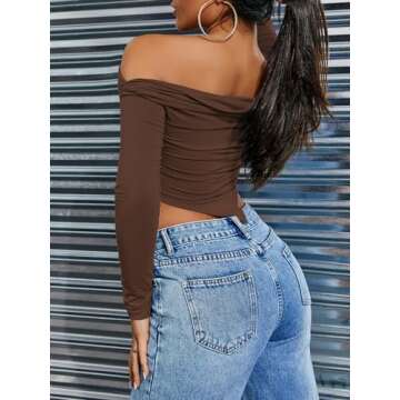 POPMONO Women's Long Sleeve Off Shoulder Sexy Crop Tops Slim Fit Going Out Y2K Top Casual Asymmetrical Pullover Shirt Spring Trendy 2025 Coffee