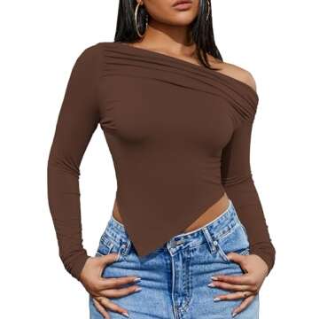 POPMONO Women's Long Sleeve Off Shoulder Sexy Crop Tops Slim Fit Going Out Y2K Top Casual Asymmetrical Pullover Shirt Spring Trendy 2025 Coffee