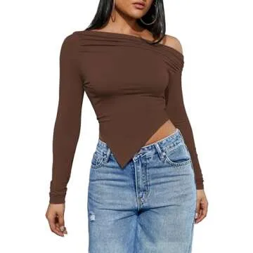 POPMONO Women's Long Sleeve Off Shoulder Sexy Crop Tops Slim Fit Going Out Y2K Top Casual Asymmetrical Pullover Shirt Spring Trendy 2025 Coffee
