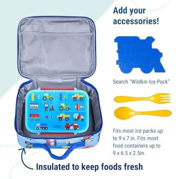 Wildkin Kids Insulated Lunch Box Bag for Boys & Girls, Reusable Kids Lunch Box is Perfect for Early Elementary Daycare School Travel, Ideal for Hot or Cold Snacks & Bento Boxes(Trains, Planes &Trucks)