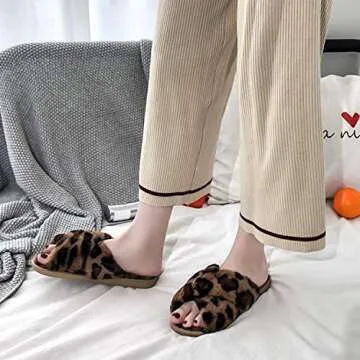 Womens Fuzzy Slippers Sandals Leopard Plush Open Toe Faux Fur Fluffy House Flats Slippers Cross Band Soft Warm Comfy Cozy Bedroom Slide Slippers