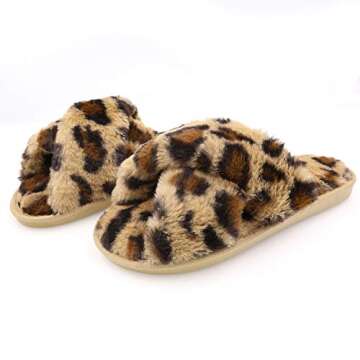 Womens Fuzzy Slippers Sandals Leopard Plush Open Toe Faux Fur Fluffy House Flats Slippers Cross Band Soft Warm Comfy Cozy Bedroom Slide Slippers