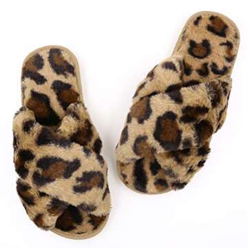 Womens Fuzzy Slippers Sandals Leopard Plush Open Toe Faux Fur Fluffy House Flats Slippers Cross Band Soft Warm Comfy Cozy Bedroom Slide Slippers