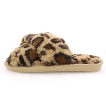 Womens Fuzzy Slippers Sandals Leopard Plush Open Toe Faux Fur Fluffy House Flats Slippers Cross Band Soft Warm Comfy Cozy Bedroom Slide Slippers