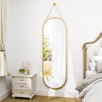 Stylish Gold Arched Full Length Mirror with Leather Sling