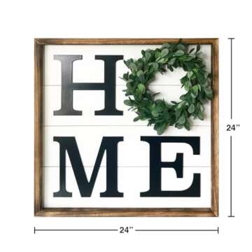 Home Sign - Rustic Farmhouse Living Room Decor with Wreath Frame - Stylish Home Wall Decor for Living Room, Entryway & Kitchen by Foundations Decor