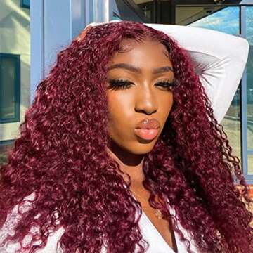 ISEE 99j Transparent Lace Front Wigs Human Hair Pre Plucked 180% Density Brazilian 13x4 Burgundy Kinky Curly Lace Front Wig with Baby Hair Human Hair Wigs for Black Women 20 Inch