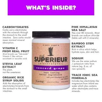 Superieur Electrolytes – Plant Based Electrolyte Supplement w/Sea Minerals for Hydration & Recovery–Keto Friendly, Non-GMO, Zero Sugar, Vegan Healthy Sports Drink Powder – Concord Grape (70 Servings)