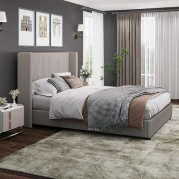 CHABUILDREARK Queen Size Bed Frame, Velvet Upholstered Bed Frame with Vertical Channel Tufted Headboard, Low Profile Bed Design, No Box Spring Needed, Easy Assembly, Beige