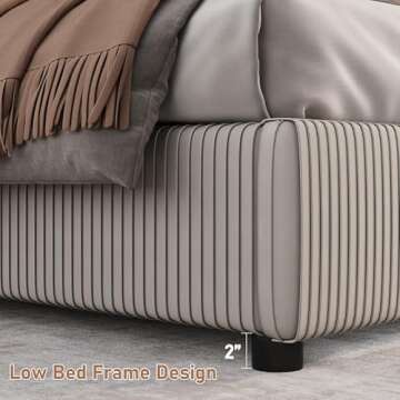 CHABUILDREARK Queen Size Bed Frame, Velvet Upholstered Bed Frame with Vertical Channel Tufted Headboard, Low Profile Bed Design, No Box Spring Needed, Easy Assembly, Beige