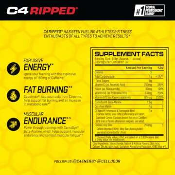 Cellucor C4 Ripped Pre Workout Powder for Energy, Beta Alanine, Sugar Free Energy Supplement Prework...
