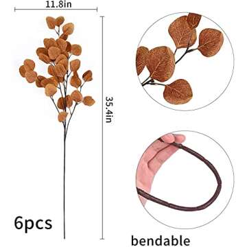 Dolicer 6 Pcs 35.4" Artificial Eucalyptus Leaves Tall Silver Dollar Eucalyptus Leaf Fake Eucalyptus Garland Branches Greenery Stem Fall Leaves Branches for Home Party Autumn Thanksgiving Decor, Yellow