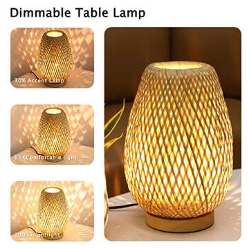 Capslpad Dimmable Rattan Table Lamp Bamboo Woven Boho Beside Lamp Small Wicker Desk Lamp Decorative Vintage Wooden Nightstand Lamp for Bedroom,Living Room,Kids Room,Nursery Room Decor